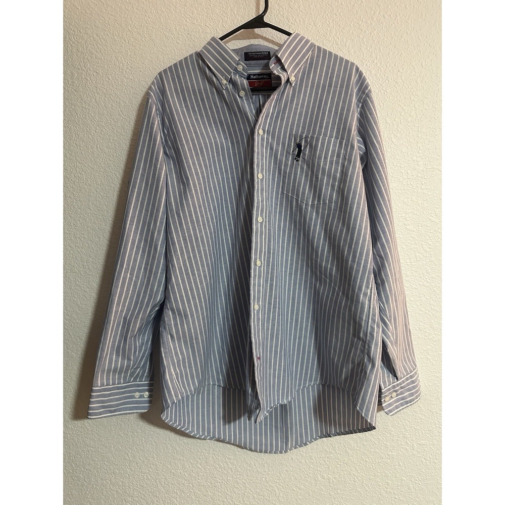 Hathaway Golf Blue Striped‎ Button Down Shirt 16.5 34/35 Cotton Oxford Preppy